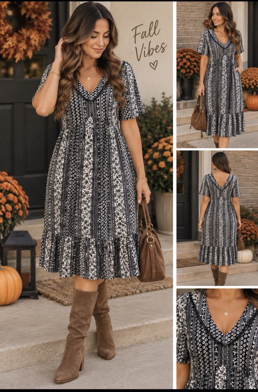 KNOX ROSE Women Floral Midi Dress Sz M Boho Cottage Core Bohemian Short Sleeve